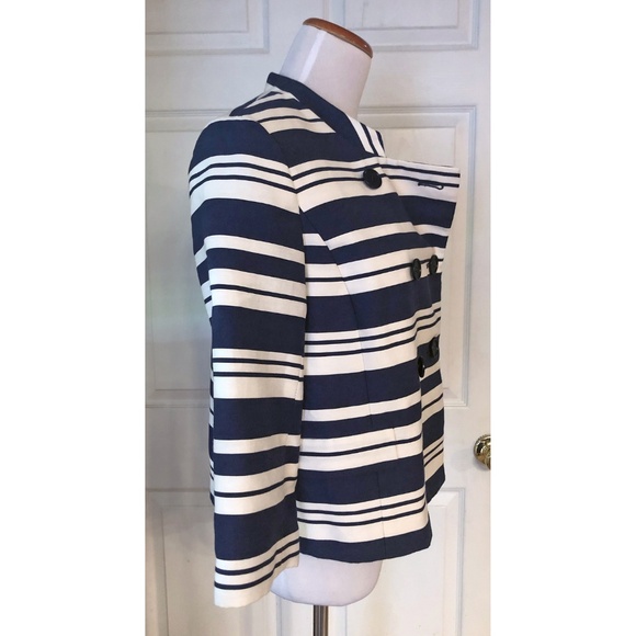 Talbots Navy & White Striped Blazer Jacket, Double Breasted, Lined, Cotton - Picture 2 of 4